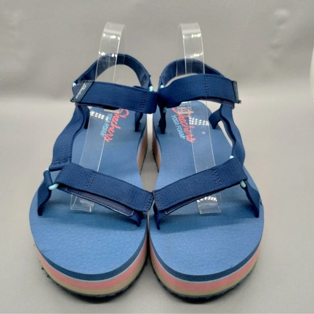 Skechers Yoga Foam Blue Striped Platform Strappy Sandals‎ Womens 10 Multi Color